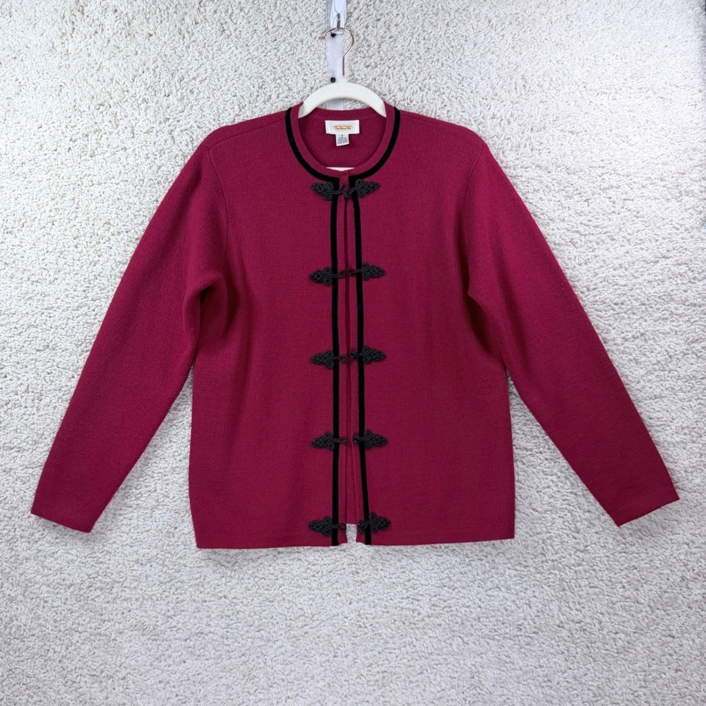 Talbots Cardigan Women Small Red Merino Wool Frog Closure Velvet Trim Sweater